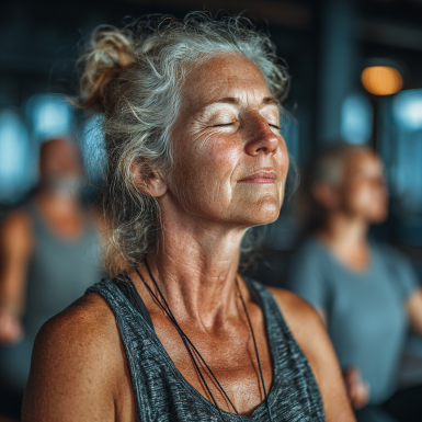 Літня жінка займається йогою в спокійній обстановці